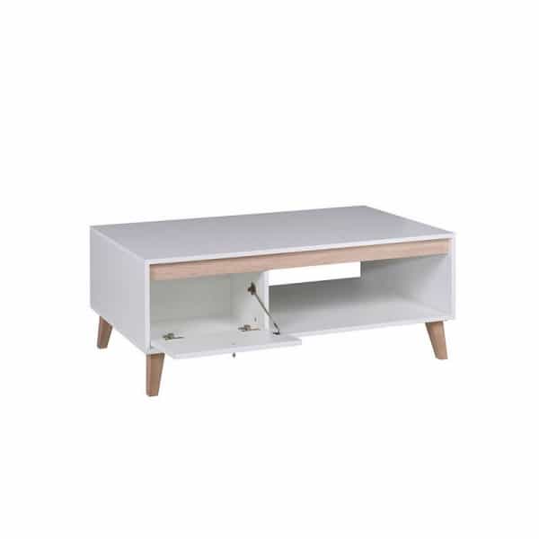 OWIE - Table basse scandinave 1 porte 120 cm - Blanc/bois