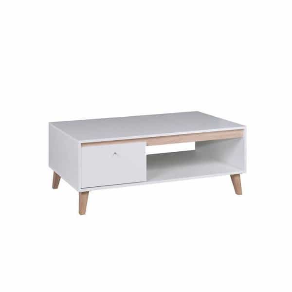 OWIE - Table basse scandinave 1 porte 120 cm - Blanc/bois