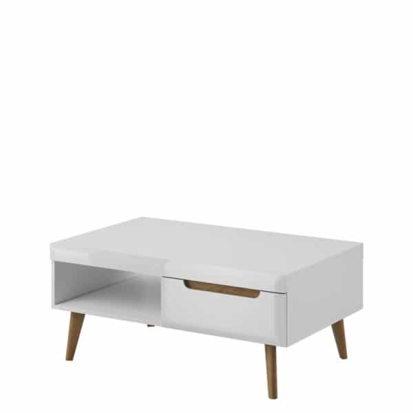 MAREK - Table basse scandinave 2 tiroirs 107 cm - Blanc/bois