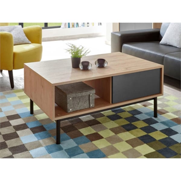 BETH - Table basse industrielle 2 tiroirs 110 cm - Gris/bois