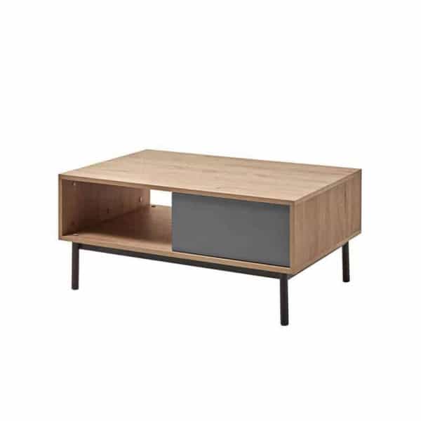 BETH - Table basse industrielle 2 tiroirs 110 cm - Gris/bois