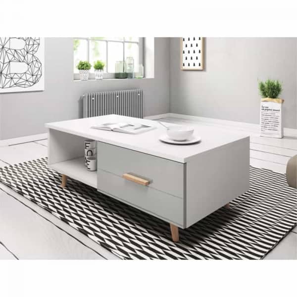 SWEED - Table basse 2 tiroirs 110 cm - Blanc/gris