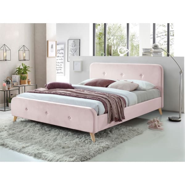 SORAYA - Cadre de lit avec tête de lit et sommier à lattes en tissu - Rose
