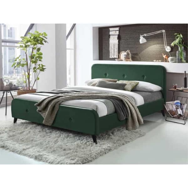 SORAYA - Cadre de lit avec tête de lit et sommier à lattes en tissu - Vert