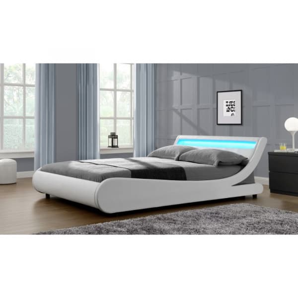 WSB8911 - Cadre de lit LED avec tête de lit et sommier à lattes en simili - Blanc