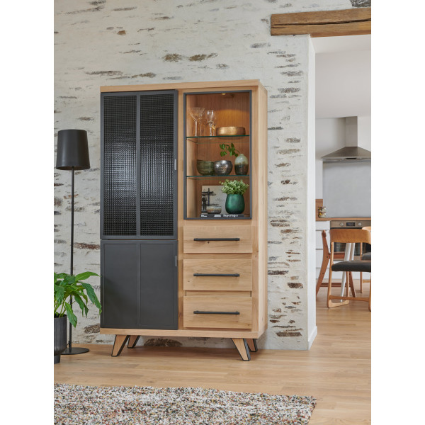 Armoire vitrine 3 portes battantes 1 porte vitrée étagères avec LED